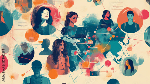 Collaboration and connection in digital spaces global reach infographic art modern creative approach