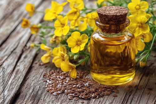 Camelina Oil with Seeds and Flowers on Wooden Background. Disease Fighting Sativa Seed - Medicine for Cardiovascular Health