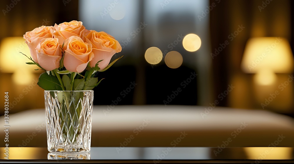 Peach roses in crystal vase against soft bokeh background with warm evening lights creating romantic atmosphere. Elegant floral arrangement for special occasions.