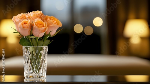 Obraz na płótnie Peach roses in crystal vase against soft bokeh background with warm evening lights creating romantic atmosphere. Elegant floral arrangement for special occasions. w salonie
