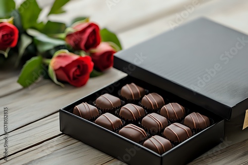 Obraz na płótnie Luxury chocolate truffles in elegant black gift box with red roses on rustic wooden table. Romantic gourmet dessert setting for special occasions. w salonie