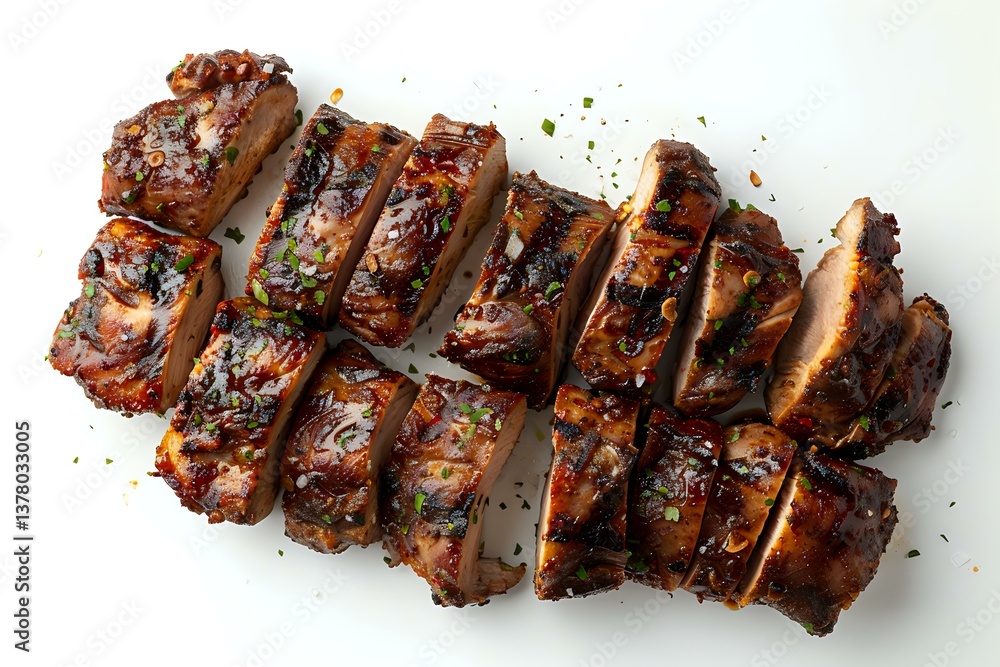 Grilled pork ribs sliced into portions, glazed with sweet and savory barbecue sauce, garnished with fresh herbs and black pepper on white background.