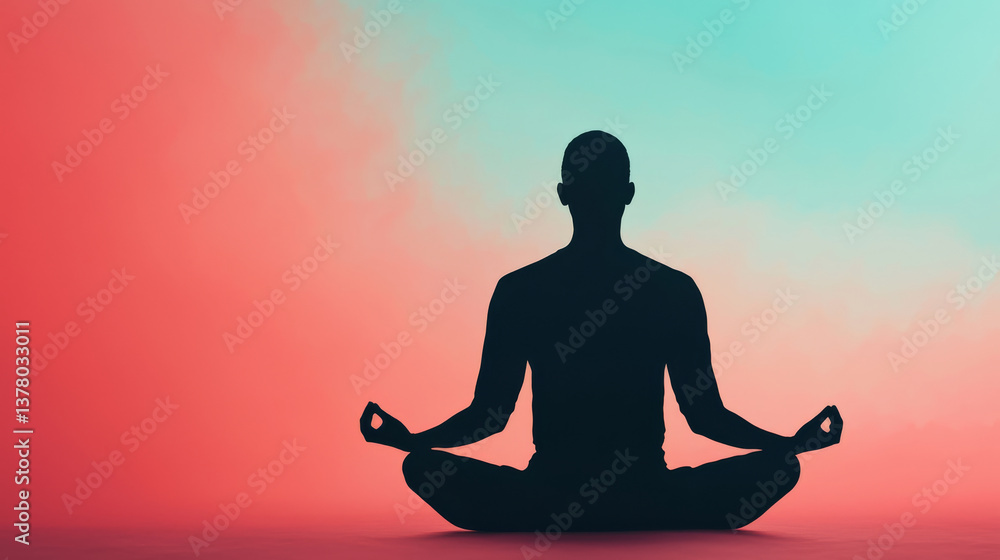 Meditation silhouette against colorful gradient background, representing tranquility and mindfulness. serene pose evokes sense of peace and calm