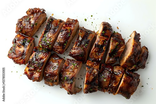 Obraz na płótnie Grilled pork ribs sliced into portions, glazed with sweet and savory barbecue sauce, garnished with fresh herbs and black pepper on white background. w salonie