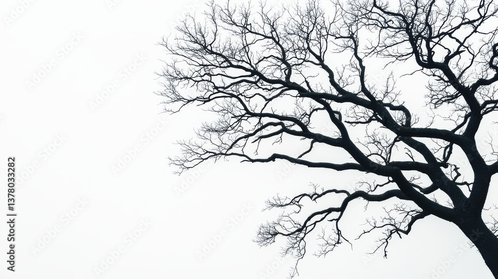 Fototapeta premium solitary tree with intricate branches stands against foggy backdrop, evoking sense of solitude and tranquility
