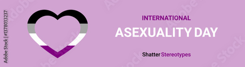 Vector banner International Asexuality People's Day 6th April, Asexuality pride flag in a heart shape. The diversity of sexual and romantic orientations.Asexuality People Awareness. Shatter Stereotype