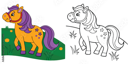 A nice horse one is colored and another is line art