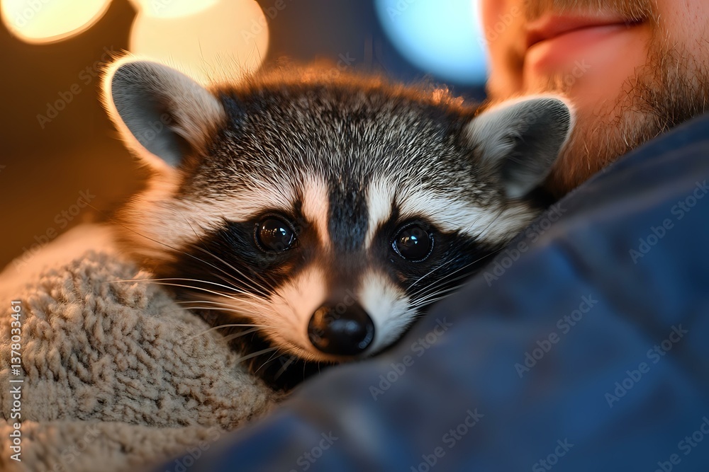 Adorable raccoon resting on soft blanket with bokeh lights in background, close up portrait showing expressive eyes and distinctive facial markings in warm evening light.