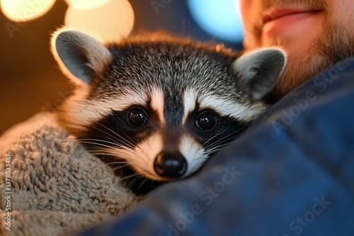 Obraz na płótnie Adorable raccoon resting on soft blanket with bokeh lights in background, close up portrait showing expressive eyes and distinctive facial markings in warm evening light. w salonie