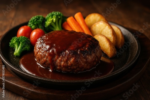 Japanese Hamburger Steak Hambagu (ハンバーグ, 함바그) with Demi-glace Sauce, Potatoes and Vegetables
