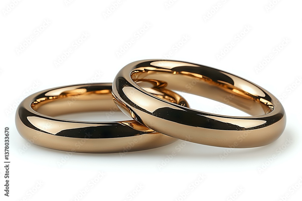 Pair of rose gold wedding bands on white background, classic rounded design showing elegant reflection and smooth polished surface. For jewelry and marriage concepts.