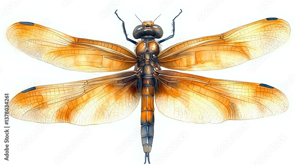 Orange dragonfly with translucent wings and detailed body structure on white background, watercolor style illustration showing intricate wing patterns and natural coloring.