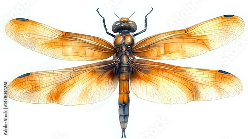 Obraz na płótnie Orange dragonfly with translucent wings and detailed body structure on white background, watercolor style illustration showing intricate wing patterns and natural coloring. w salonie