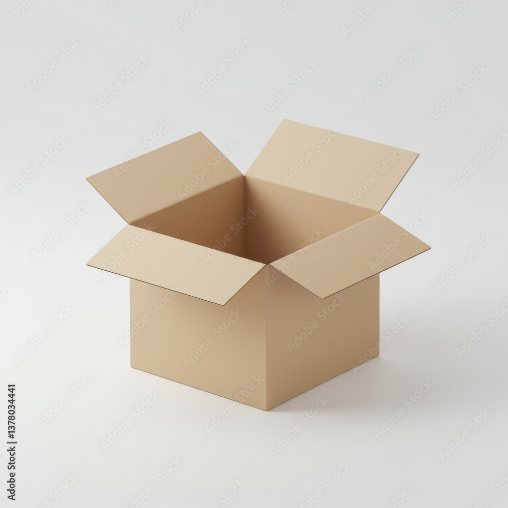 An open cardboard box sits on a white surface with its flaps pointing upwards in a studio setting An open cardboard box sits on a white surface with its flaps pointing upwards in a studio setting