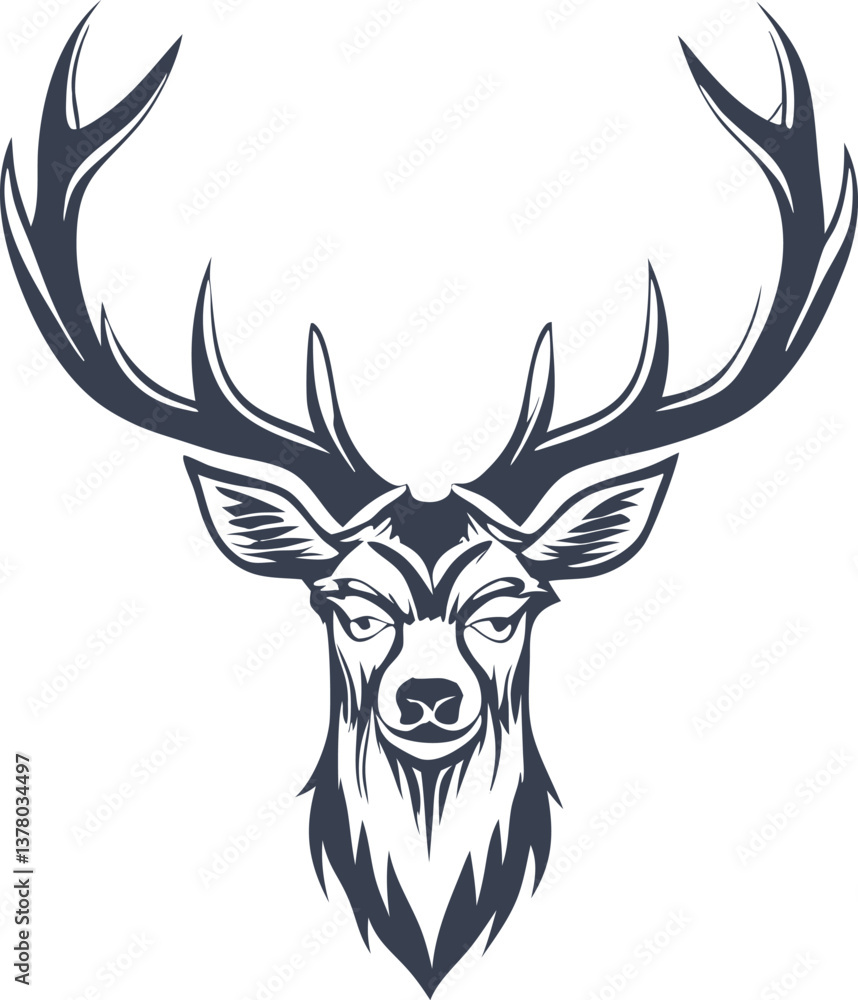 Fototapeta premium Majestic Deer Head, Antlered, Wildlife, Nature, Emblem, Logo Design, Hunting, Forest, Vintage Style
