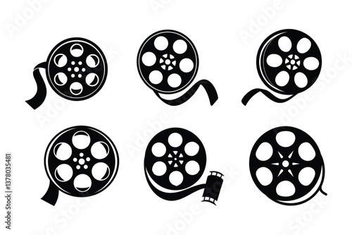 Black and white film reel and tire icons set