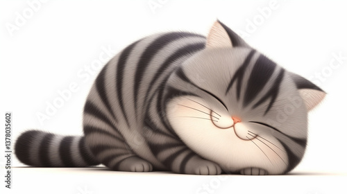 Cute fat grey tabby cat sleeping on white background, illustration