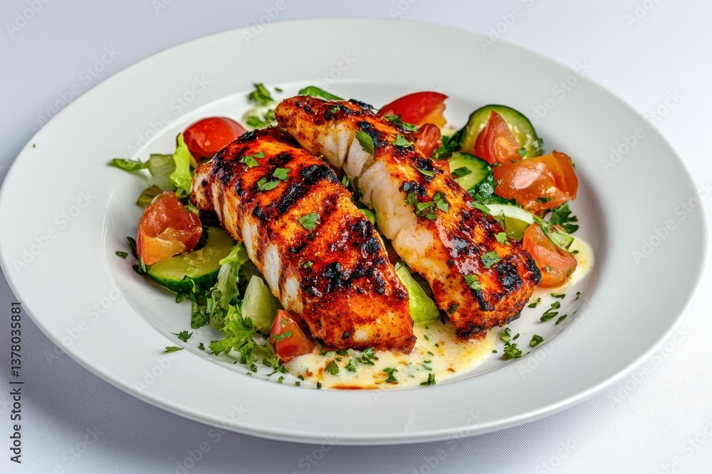 Grilled Salmon Filets Served on Fresh Salad with Cherry Tomatoes and Cucumbers in Fine Dining Presentation Grilled Salmon Filets Served on Fresh Salad with Cherry Tomatoes and Cucumbers in Fine Dining Presentation