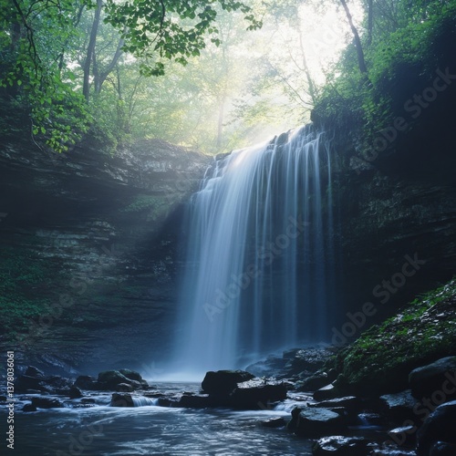 Serene waterfall in lush forest setting with mist and soft sunlight