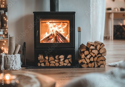A cozy indoor scene with a burning fireplace and wood supply