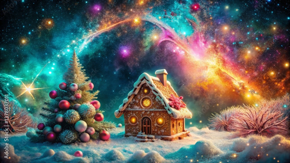 Christmas Gingerbread House and Tree Under a Starry Sky Christmas Gingerbread House and Tree Under a Starry Sky