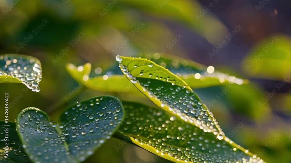 Green leaves with dew drops in sunlight, close-up. Green leaves with dew drops in sunlight, close-up.