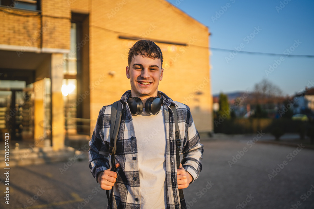 Fototapeta premium young man with wear backpack in front university building