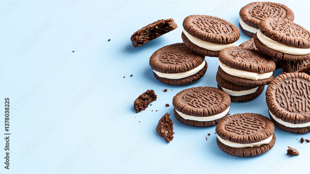 Chocolate Cookies Stacked with Cream Filling Delicious Treat on Pastel Blue Background Copy Space Chocolate Cookies Stacked with Cream Filling Delicious Treat on Pastel Blue Background Copy Space