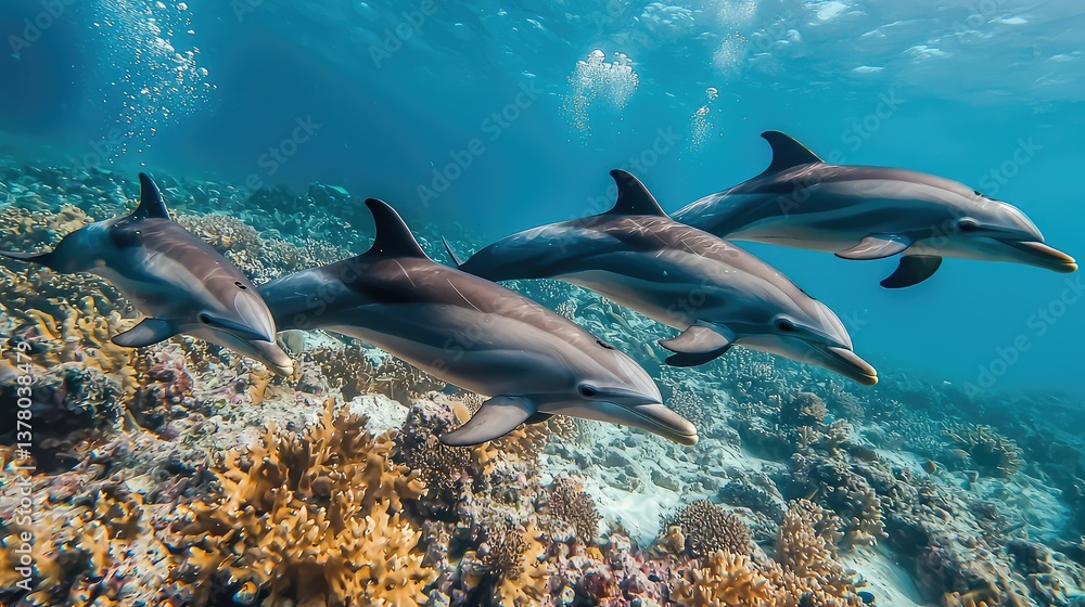Fototapeta premium A playful pod of dolphins darting through the waters above a thriving coral reef in the South Andaman Sea.