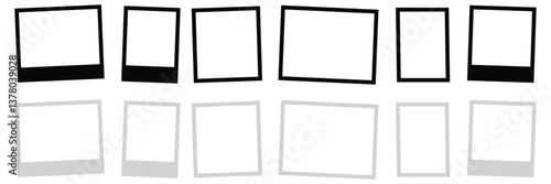 Empty white photo frame with shadows hung on a binder, adhesive tape, paper clip, pin. Set realistic photo card frame mockup - for stock. vector illustration.