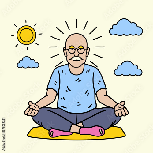 Elderly man practicing meditation, sitting cross-legged outdoors.