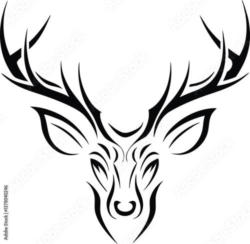Tribal Deer Head Antlers Design, Black Ink Style Art