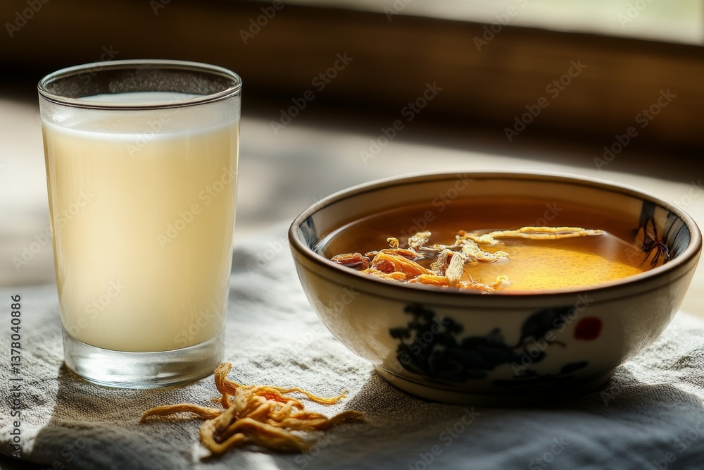 Creamy drink and soup on linen tablecloth by window Creamy drink and soup on linen tablecloth by window