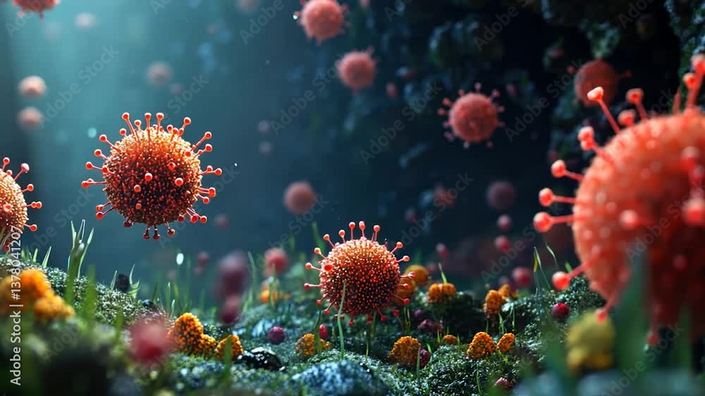 Microscopic view of viruses on a landscape Microscopic view of viruses on a landscape