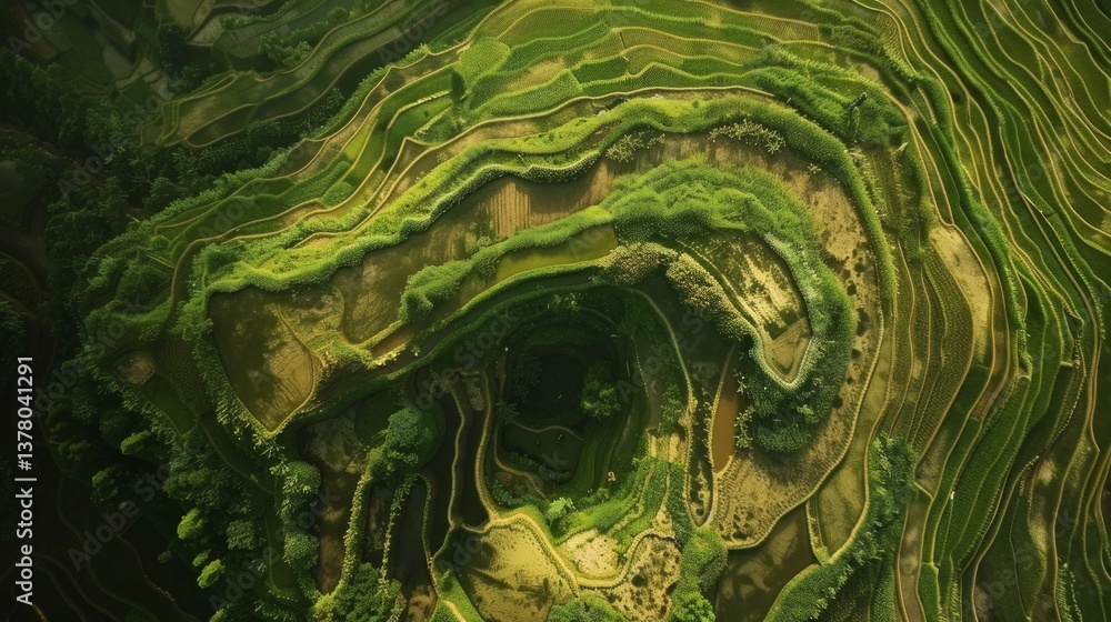 Fototapeta premium aerial view of an asian ricefield terraces, top view