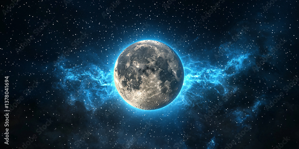 Obraz premium Lunar Sphere Floating Amidst Nebulous Starry Expanse Cosmic Brilliance Space Exploration Celestial Body