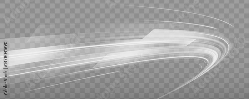 White fast speed trail with sparkles on dark background. Glow and blur motion effect vector illustration set. Transparent dynamic frost air tail streak. Isolated png magic wind swirl design.	