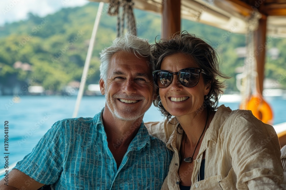 Laughing, happy couple and on a boat for retirement travel, summer freedom and holiday in Bali. Smile, love and a senior man and woman on a yacht for vacation adventure, luxury and a cruise, Laughing, happy couple and on a boat for retirement travel, summer freedom and holiday in Bali. Smile, love and a senior man and woman on a yacht for vacation adventure, luxury and a cruise,