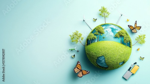 Global Sustainability Action Eco-Friendly Environment with Green Initiatives and Butterflies Promoting a World of Environmental Awareness