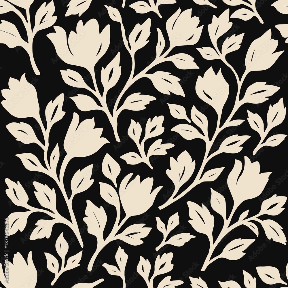 Cream flowers on a black background create an elegant floral textile design Cream flowers on a black background create an elegant floral textile design