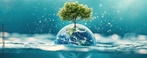 Sustainable Global Environmental Action Green Tree on Water-Logged Earth Inspiring Change in a Beautiful Natural Setting