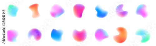 Gradient aura, grain neon blob with noise effect vector illustration. Abstract color watercolor blur mesh shape on white background. Set of defocused soft color gradient circles for creative graphic