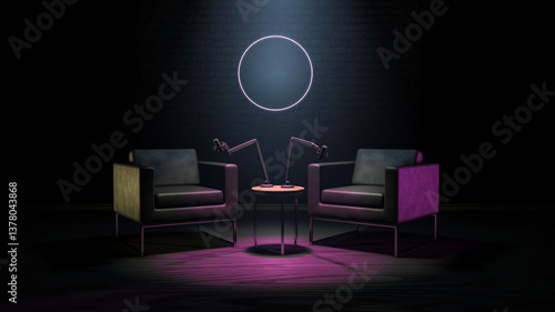 Podcast studio setup. Dark studio with a empty shape for your logo in the center of composition, two chairs, desk, microphones and a brick wall. 3d rendering.