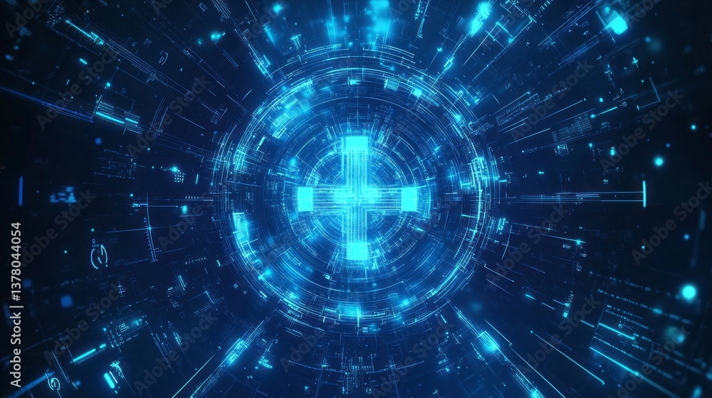 A blue, glowing, computer generated image of a cross A blue, glowing, computer generated image of a cross