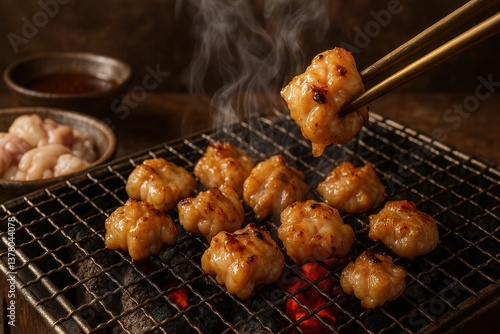 Traditional Japanese Horumon Yaki (ホルモン焼き, 호르몬구이) Grilled Beef Intestines

