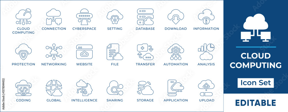 Naklejka premium Cloud Storage Icon Set. Include vector icons of hosting, network, security, website, download, backup, illustration, set, collection, sync, protection, digital, and application
