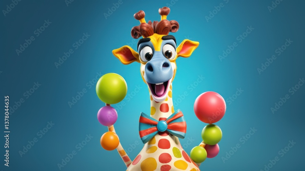 Fototapeta premium Cheerful giraffe juggling colorful balls on blue background