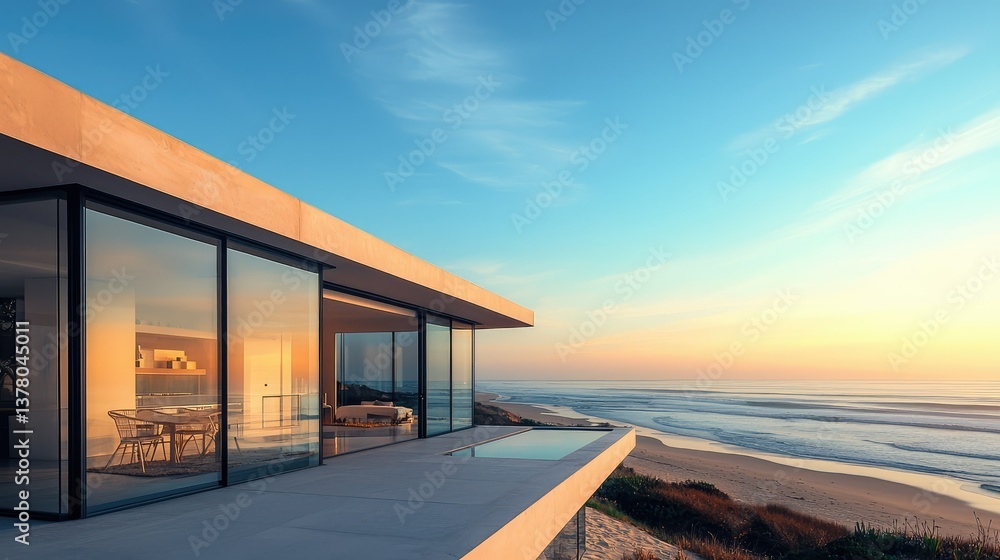 A private, minimalist beach bungalow with clean lines, large glass panels, and a stunning panoramic view of the coastline. A private, minimalist beach bungalow with clean lines, large glass panels, and a stunning panoramic view of the coastline.