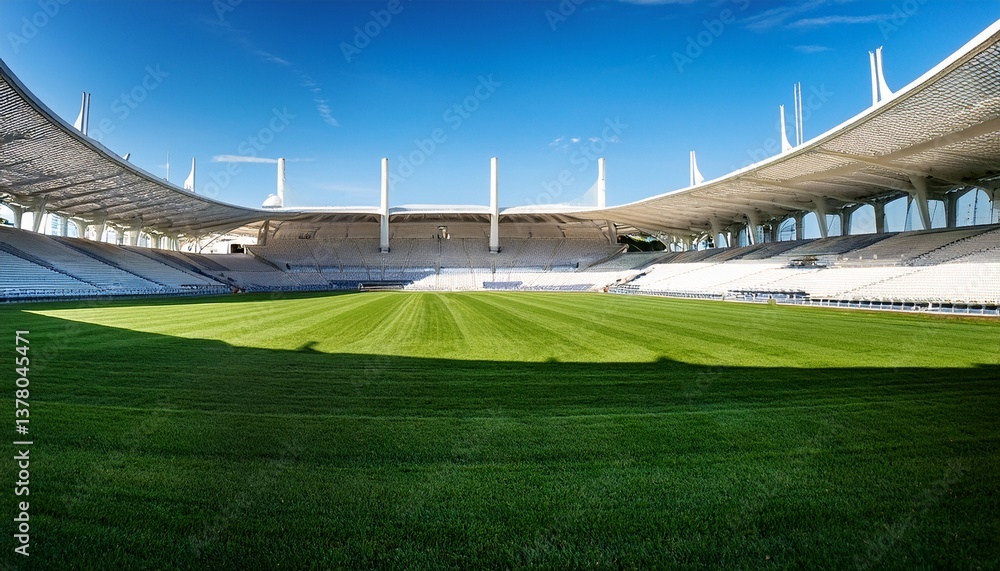 Fototapeta premium modern sports stadium with white columns and lush green lawn on a sunny clear day stadium architecture
