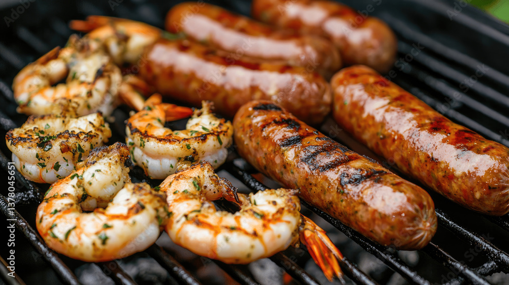 Grilled shrimp and sausages on barbecue at backyard cookout in summer afternoon Generative AI Grilled shrimp and sausages on barbecue at backyard cookout in summer afternoon Generative AI